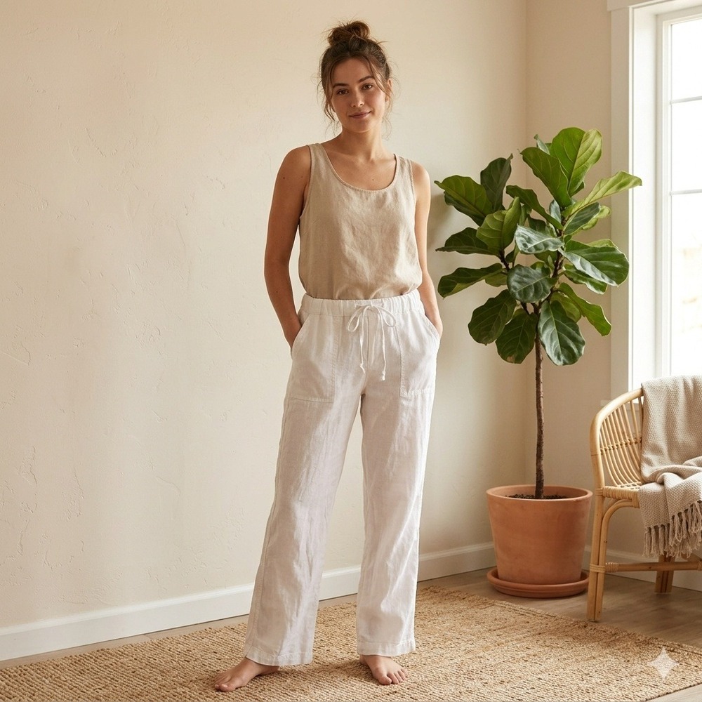 Caslon Pants Womens Large White Linen Blend Drawstring Elastic Waist Coastal